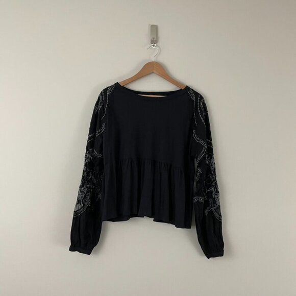Free People Tops - Free People Penny Black Embroidered Sleeve Peplum Top Size XS